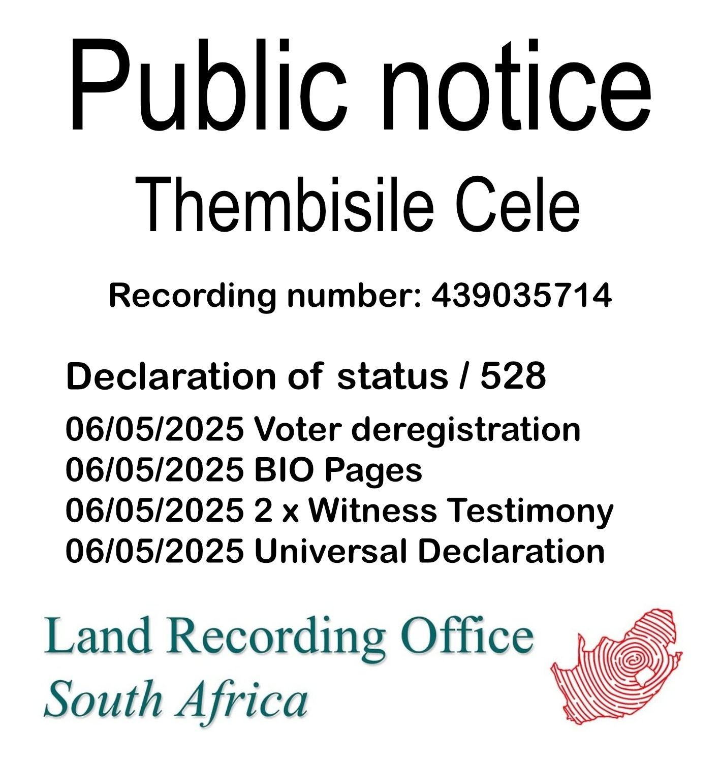 Public Notice Thembisile Cele (c) Recording number 439035714